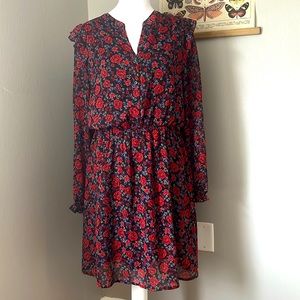 Banana Republic Black & Red Floral Print Long Sleeve Midi Dress